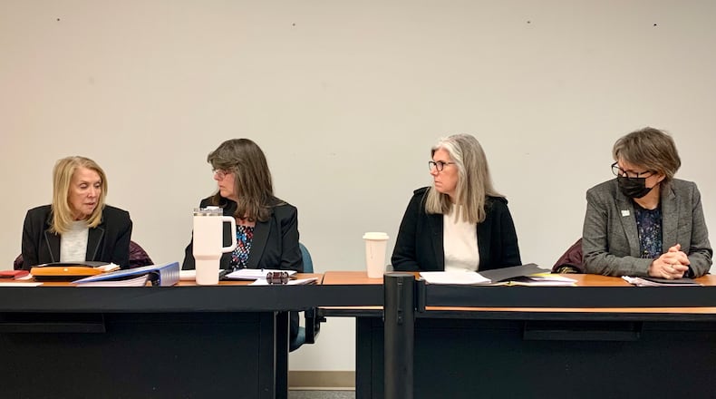 From left: Republicans Anita Swan and Jan Basham, and Democrats Wendy Dyer and Kim McCarthy of the Greene County Board of Elections at their reorganization meeting, Tuesday March 4, 2025. LONDON BISHOP/STAFF