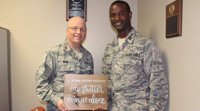 Maj. Gary Webb, 88th Medical Group Inpatient Squadron’s Critical Care Flight commander, and Capt. Landrus Burress, United States Air Force School of Aerospace Medicine chief of Epidemiology and Field Support Section, have formed a support group for stutterers like themselves to help other Airmen who stutter. The first support group meeting will be held Oct. 3 at 7 p.m. in the USO auditorium. (U.S. Air Force photo/Stacey Geiger)