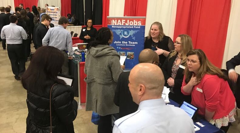Area people attend a OhioMeansJobs Montgomery County and Wright-Patterson Air Force Base career fair at the Dayton Convention Center in April