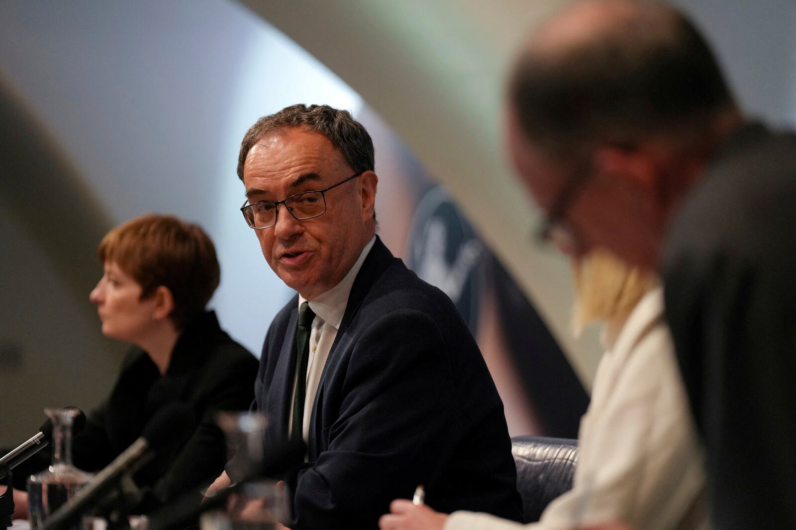 Bank of England Governor Andrew Bailey speaks, during the Monetary Policy Report press conference in London, Thursday, May 8, 2025. (Carlos Jasso/Pool Photo via AP)