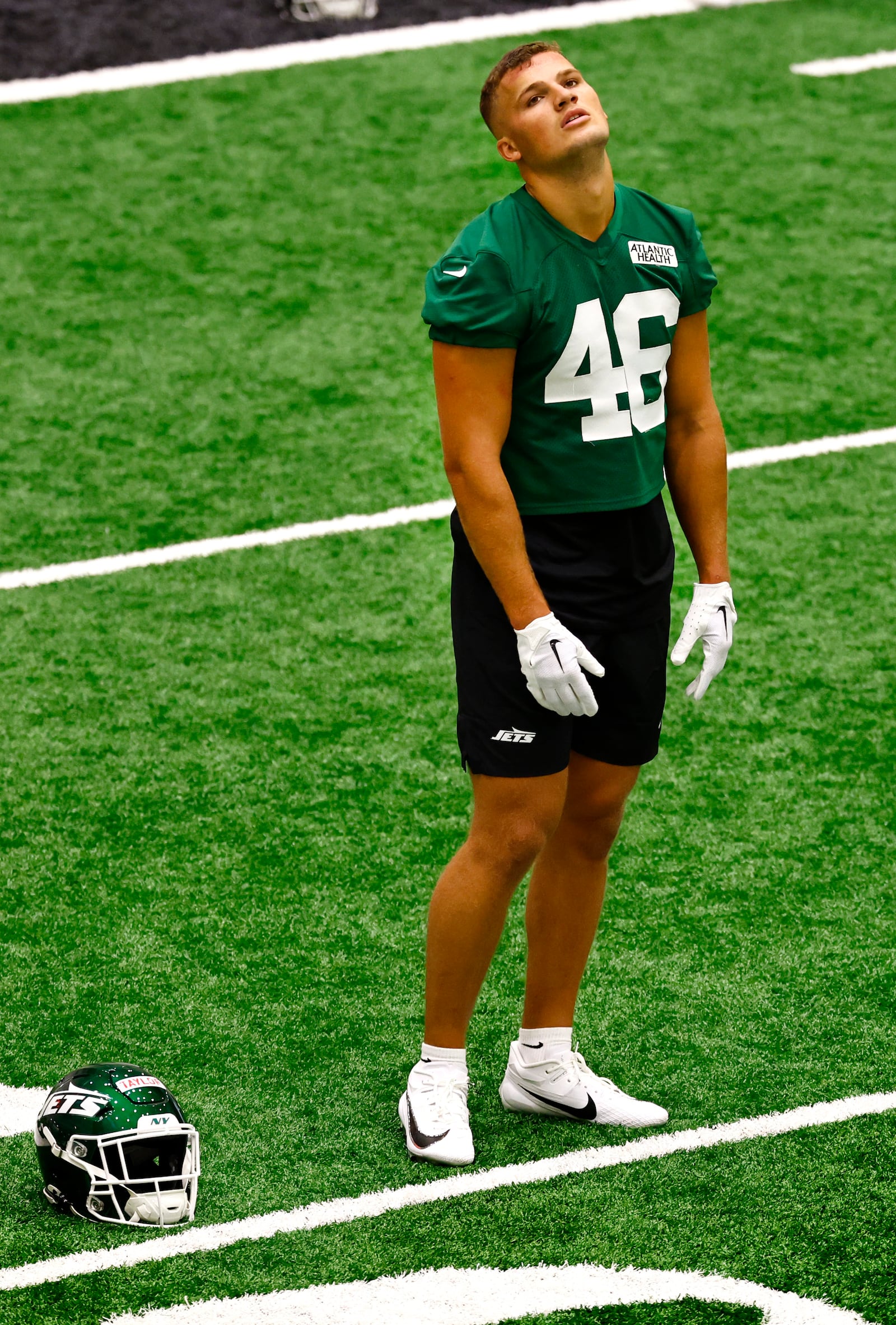 New York Jets tight end Mason Taylor (46) during the NFL football team's rookie camp, Friday, May 9, 2025, in Florham Park, N.J. (AP Photo/Noah K. Murray)