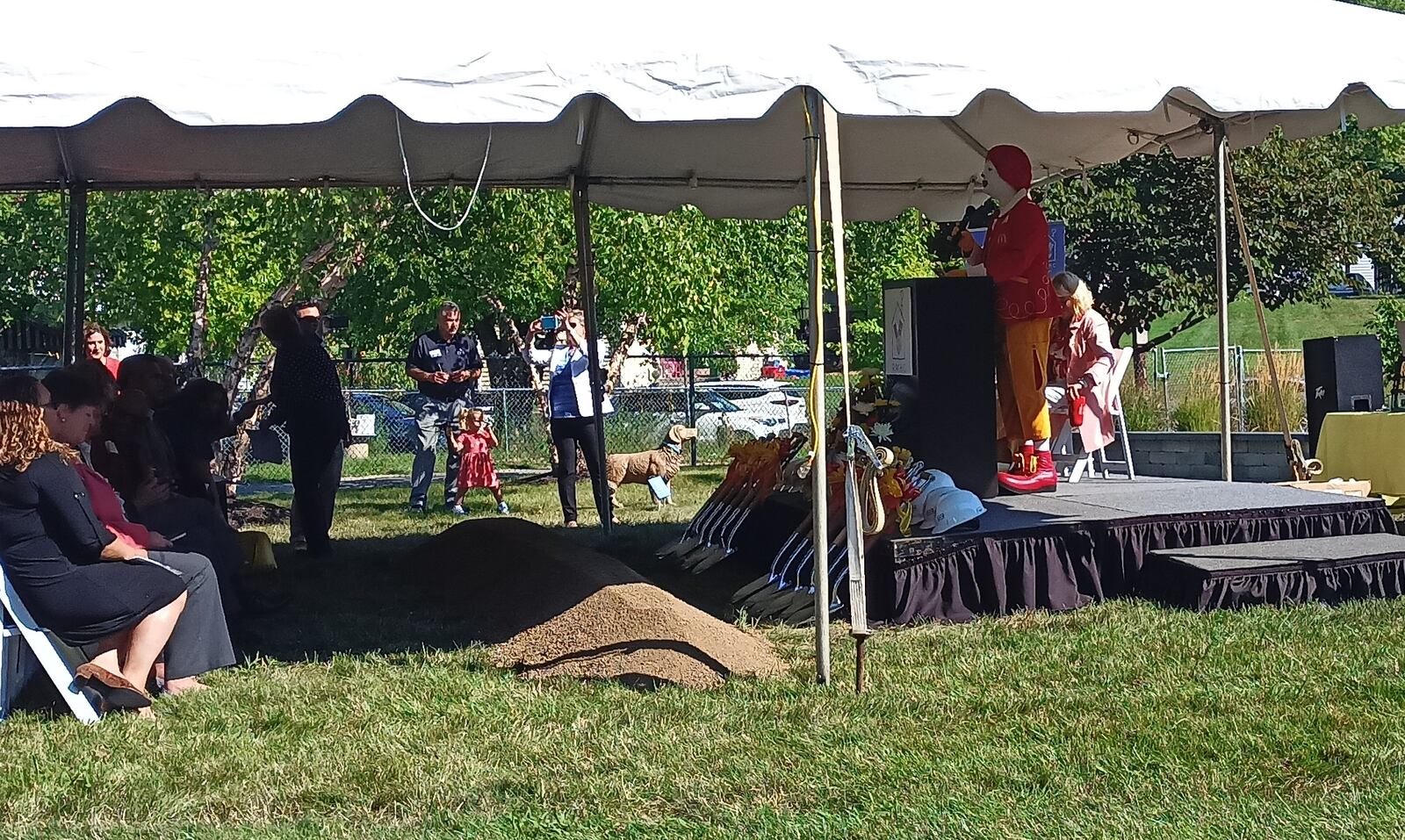 Ronald McDonald, the mascot of the Ronald McDonald House Charities, welcomes attendees to Wednesday's groundbreaking ceremony for the new lodging facility. SAMANTHA WILDOW\STAFF