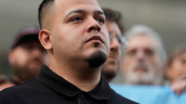 FILE - Kilmar Abrego Garcia attends a protest rally at the Immigration and Customs Enforcement field office in Baltimore, Aug. 25, 2025, to support Abrego Garcia. (AP Photo/Stephanie Scarbrough, File)