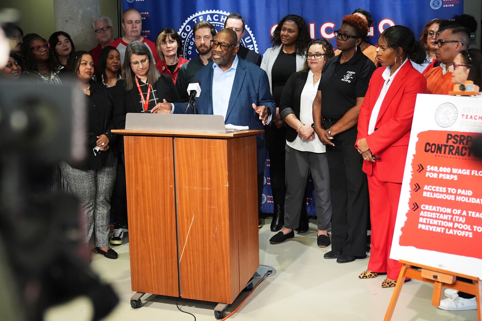 Pastor Walter Turner talks to media during news conference for Teachers Union to Announce Historic Contract Ratification Vote Results at CTU (Chicago Teachers Union) headquarters in Chicago, Monday, April 14, 2025. (AP Photo/Nam Y. Huh)
