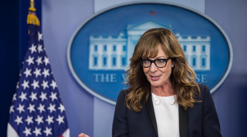Allison Janney, who won four Emmys playing press secretary C.J. Gregg on The West Wing, drops in on a real daily briefing at the White House in Washington, April 29, 2016. Janney was on hand for an event honoring community leaders in the battle against prescription drug and heroin abuse. (Zach Gibson/The New York Times)