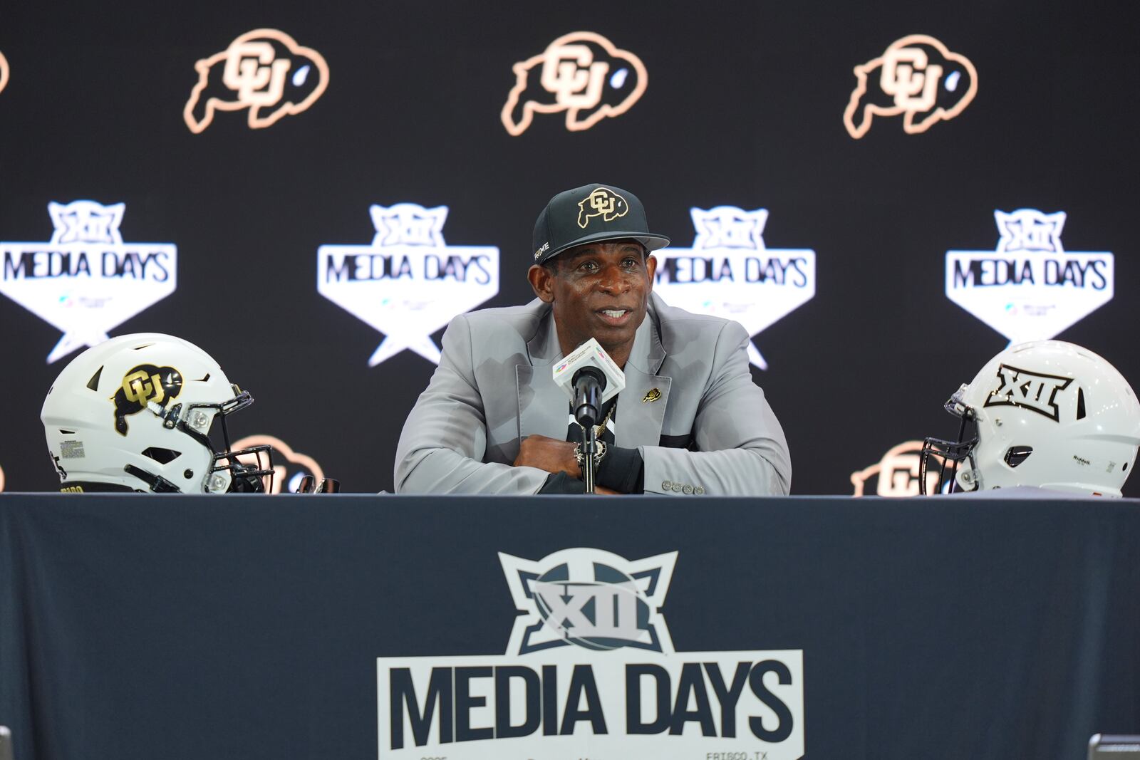 Colorado head coach Deion Sanders speaks during the Big 12 NCAA college football media day in Frisco, Texas, Wednesday, July 9, 2025. (AP Photo/LM Otero)