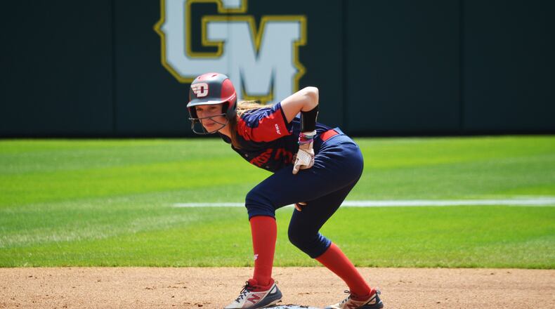 Emma Schutter, of Dayton softball, stands on second base during a game against Saint Louis in the A-10 tournament on May 11 in Fairfax, Va. Photo by Jenna Wilhoit