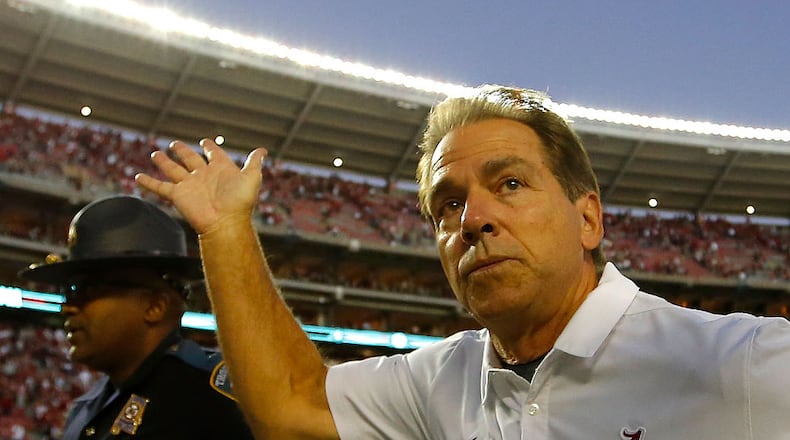 TUSCALOOSA, AL - OCTOBER 22: Head coach Nick Saban of the Alabama Crimson Tide reacts after their 33-14 win over the Texas A&M Aggies at Bryant-Denny Stadium on October 22, 2016 in Tuscaloosa, Alabama. (Photo by Kevin C. Cox/Getty Images)