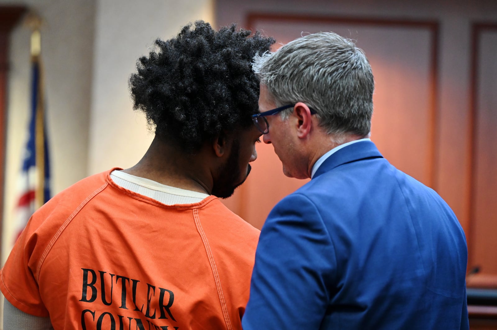 Lemond Chambers, 20, of Middletown pleaded guilty Thursday afternoon, May 1, 2025, on an aggravated burglary charge with a weapons specification. He and his co-defendant, Keatrick Thomas, 19, of Middletown, are to be sentence on June 12. Pictured is Chambers listening to his attorney, Stephen Hurlburt, during the plea hearing. MICHAEL D. PITMAN/STAFF