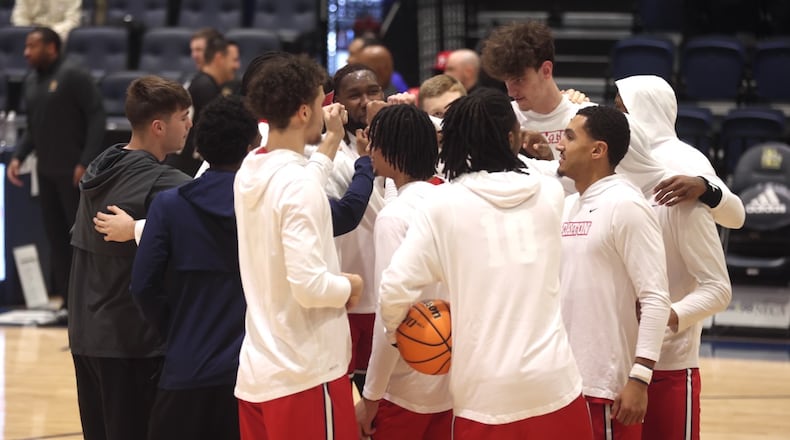 Dayton huddles before a game against La Salle on Wednesday, Jan. 21, 2026, at John E. Glaser Arena in Philadelphia. David Jablonski/Staff