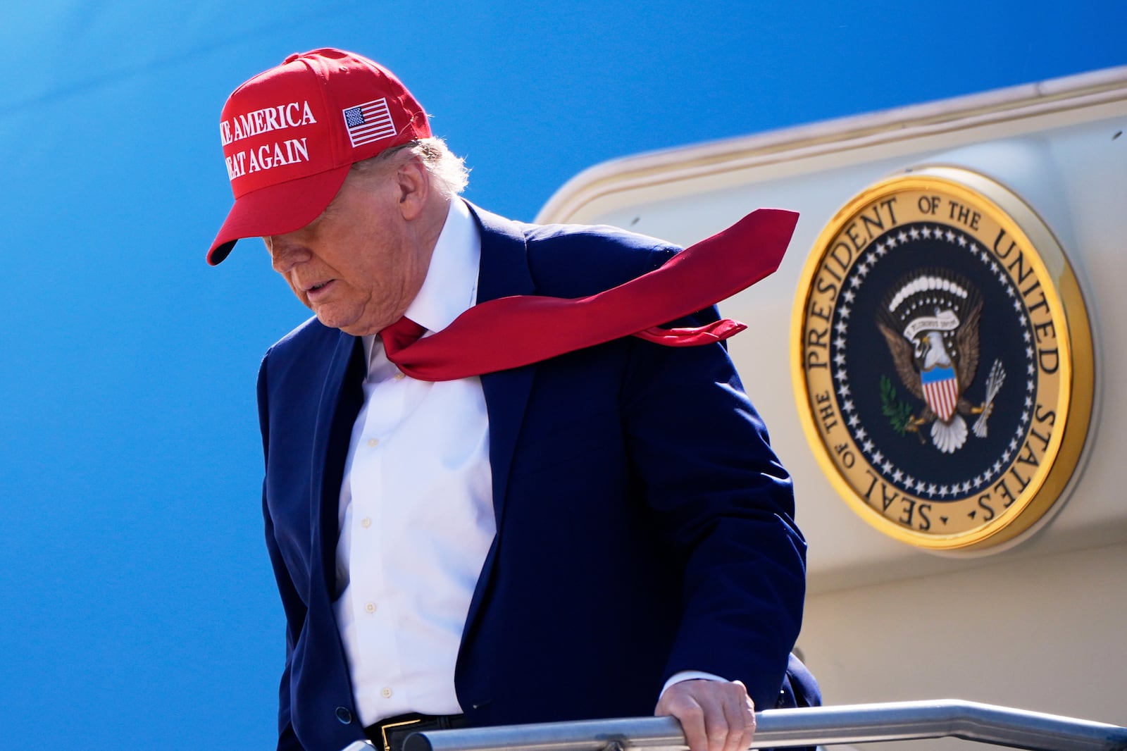 President Donald Trump arrives on Air Force One at Selfridge Air National Guard Base, Tuesday, April 29, 2025, in Harrison Township, Mich. (AP Photo/Alex Brandon)