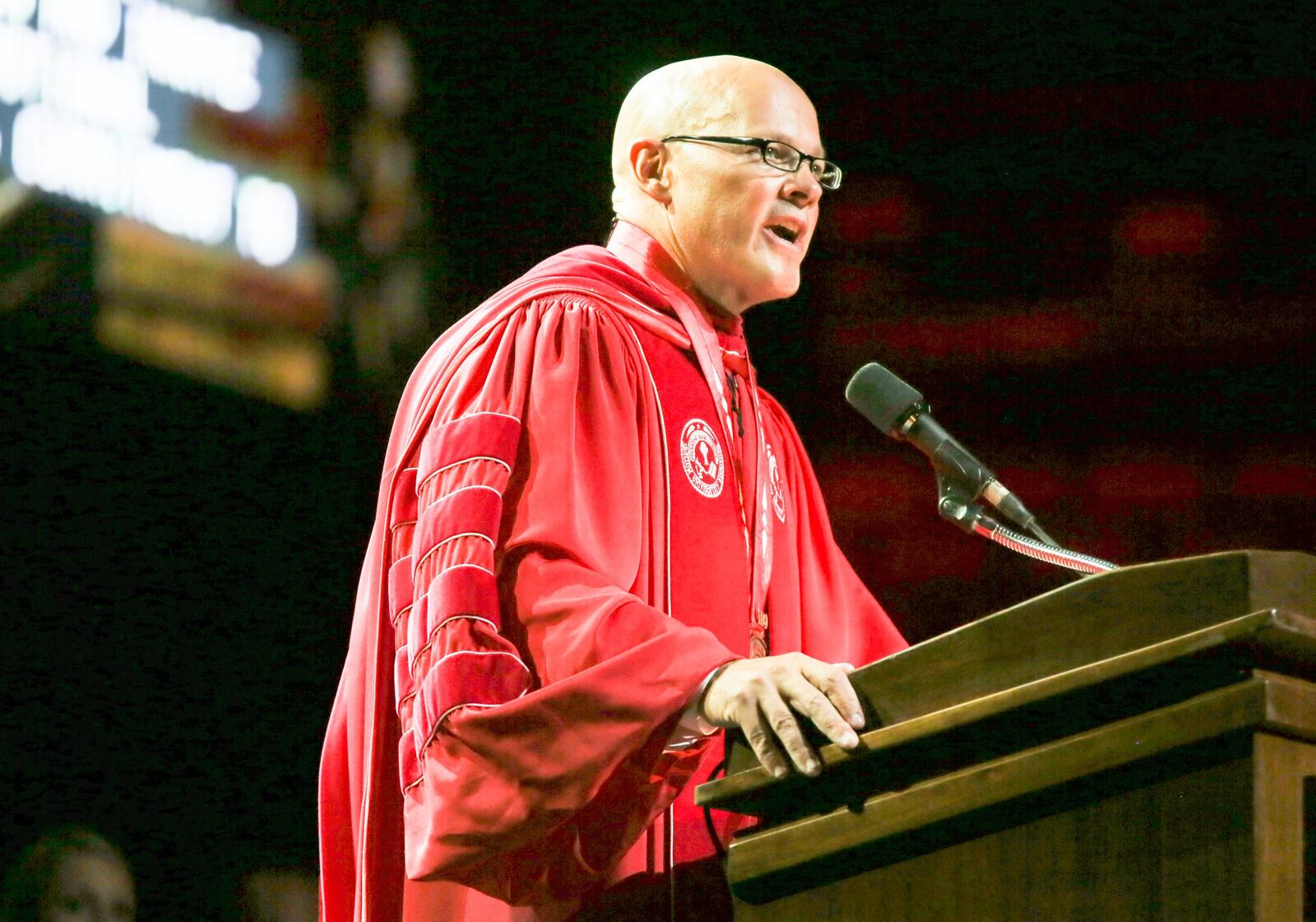 Miami University President Gregory Crawford gives his inaugural address Oct. 10 at Millett Hall in Oxford. GREG LYNCH / STAFF