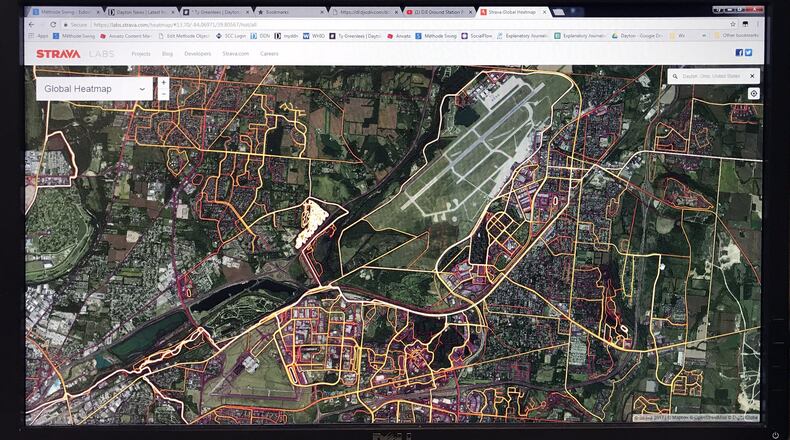 The Strava Global Heat Map shows past fitness activity indicated near Wright-Patterson Air Force Base. TY GREENLEES / STAFF