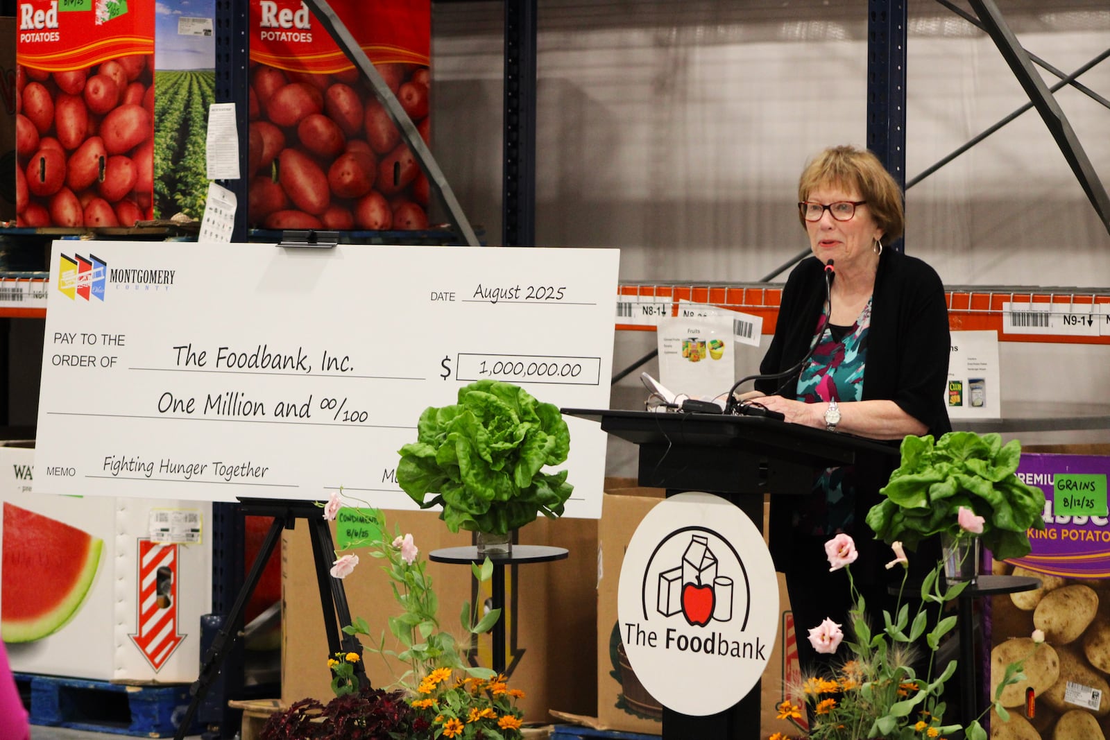 Montgomery County Commission President Judy Dodge discusses area food insecurity during an event at Foodbank Inc. on Tuesday, Aug. 19, 2025. STAFF/SYDNEY DAWES