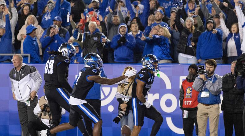 Kentucky wide receiver Anthony Brown-Stephens (5) celebrates after scoring a touchdown against Missouri during the second half of an NCAA college football game in Lexington, Ky., Saturday, Oct. 14, 2023. (AP Photo/Michelle Haas Hutchins)