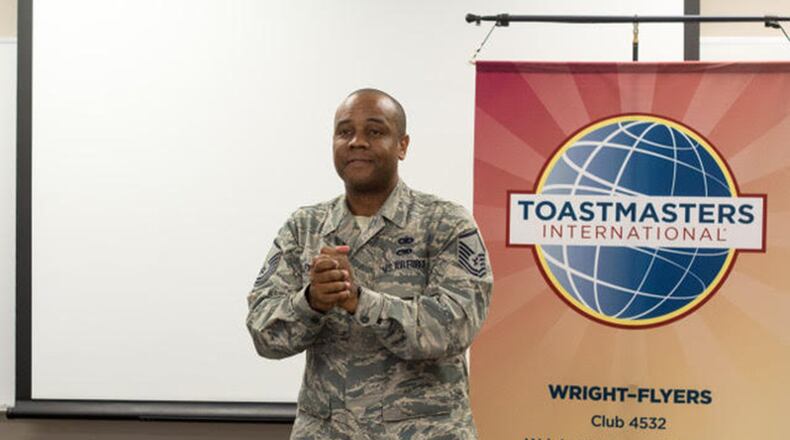 Toastmasters Area Director Master Sgt. Kevin Alexander speaks at a local Toastmasters meeting. Toastmasters is a nonprofit educational organization that can help Airmen improve their public speaking and leadership skills. There are three clubs on Wright-Patterson Air Force Base and 29 in the greater Dayton area. (Courtesy photo)