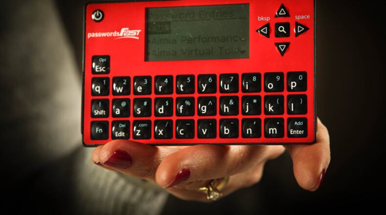 Detail of a handheld device developed by LeeAnn Bell of Centerville for securely storing passwords is now available in retail stores. Passwords Fast was developed by Bell with help from two engineers, and allows users to safely organize and store usernames and passwords for computers, web sites, online bank and credit card accounts, retirement portfolios and more. The device doesn't connect to the Internet or a computer, which makes it more secure.