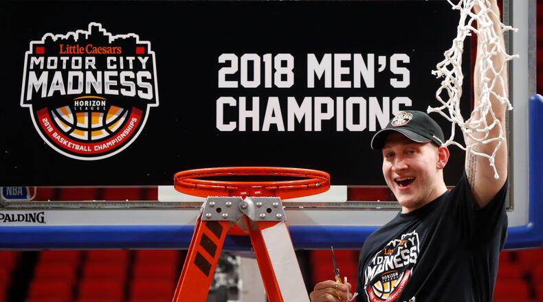 Wright State’s Loudon Love celebrates the team’s 74-57 win over Cleveland State in an NCAA college basketball game for the championship in the Horizon League men’s tournament in Detroit, Tuesday, March 6, 2018. (AP Photo/Paul Sancya)