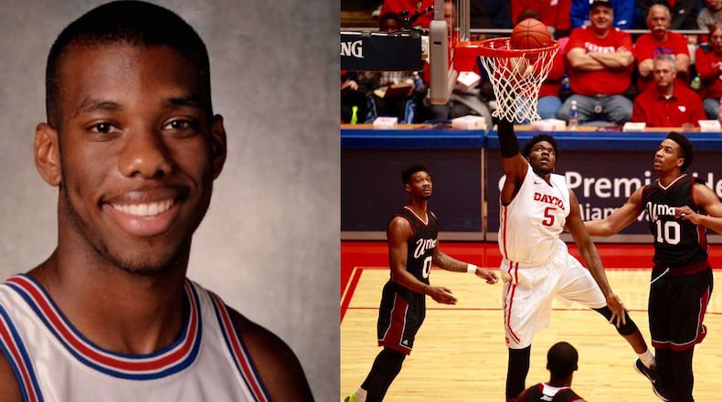 Chris Daniels, pictured in 1996 on the left. Steve McElvene, dunking during a Dayton Flyers game in 2016 on the right. Credit: University of Dayton/David Jablonski
