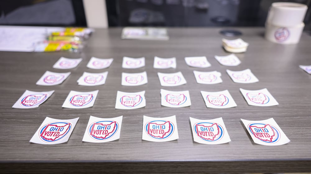 Stickers were being offered to early voters at the Montgomery County Board of Elections on Tuesday, Oct. 7, 2025. BRYANT BILLING / STAFF