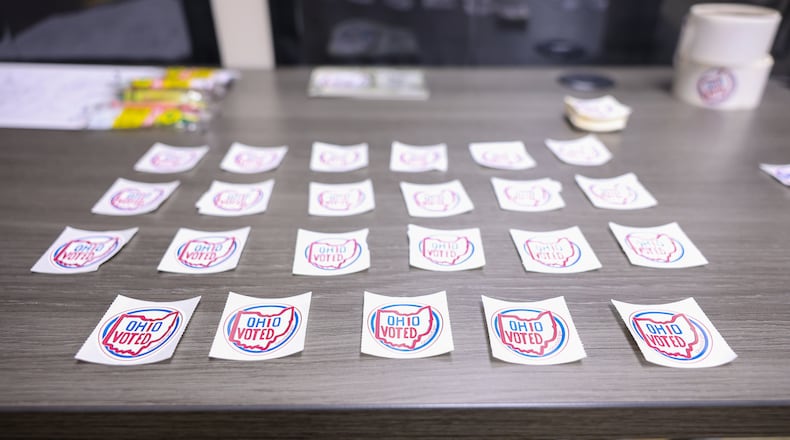 Stickers were being offered to early voters at the Montgomery County Board of Elections on Tuesday, Oct. 7, 2025. BRYANT BILLING / STAFF