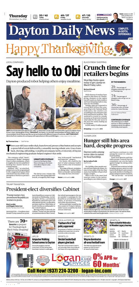 Thanksgiving Day front pages from the Dayton Daily News archives