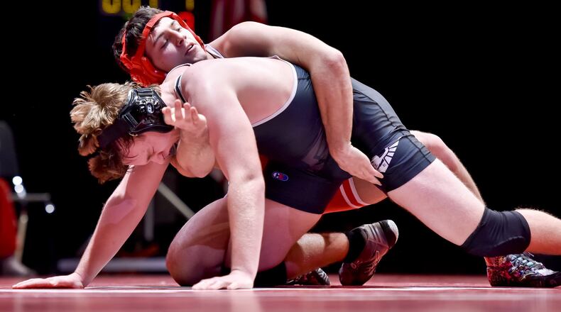 Fairfield’s Jake Bria won this 182-pound match against Lakota East’s Drew Katona 25-10 at Fairfield’s Performing Arts Center on Jan. 14, 2016. NICK GRAHAM/STAFF