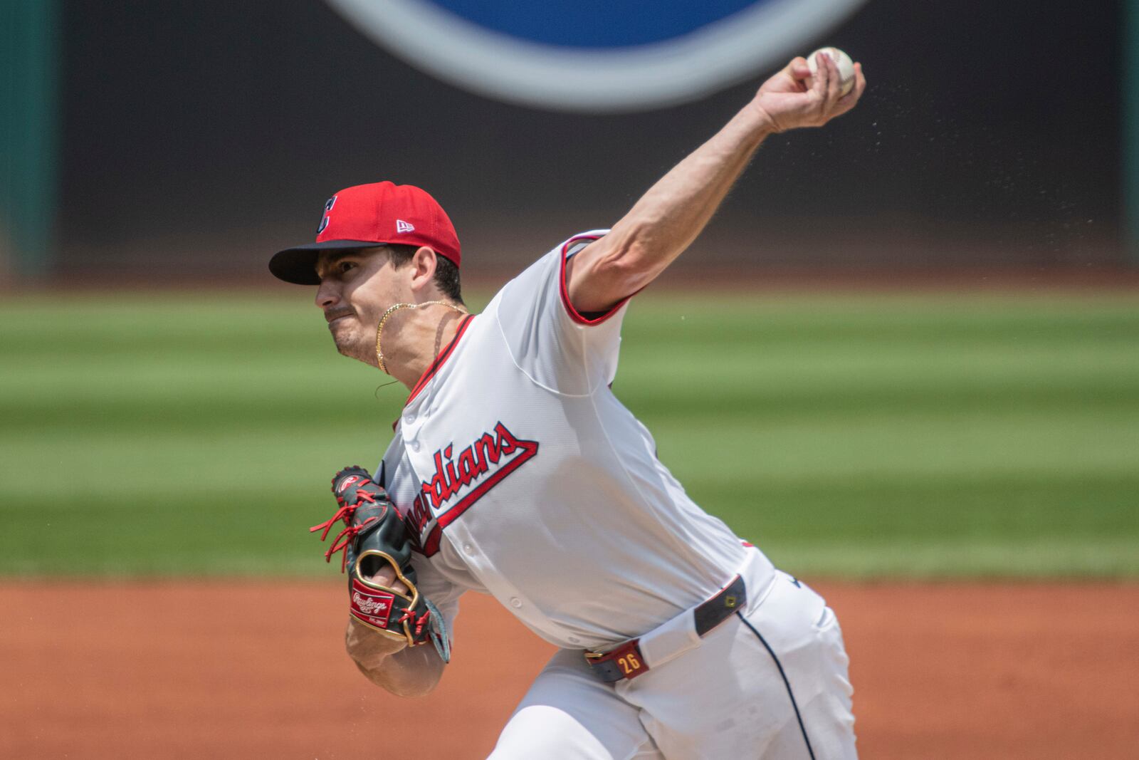 Cleveland Guardians starting pitcher Logan Allen delivers against the Baltimore Orioles during the first inning of a baseball game, Thursday, July 24, 2025, in Cleveland. (AP Photo/Phil Long)