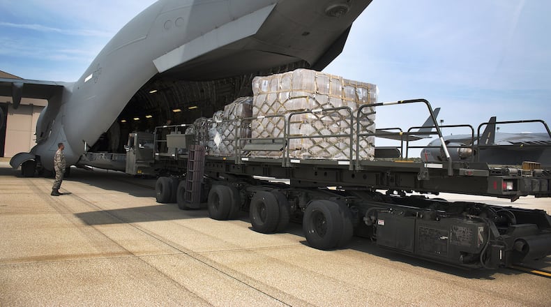 Food, water and cots are loaded on an Air Force Reserve C-17 Globemaster III at Wright-Patterson Air Force Base on Sept. 11, 2017 for shipment to Homestead Air Reserve Base, Fla. The aid was sent to help survivors of Hurricane Irma. CONTRIBUTED