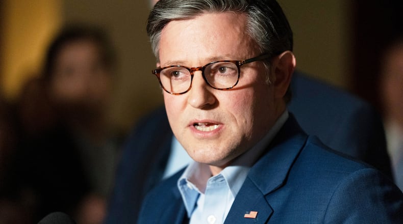 House Speaker Mike Johnson of La., speaks to reporters following a House and Senate Intelligence Committee briefing about the Iran war at the Capitol in Washington, Monday, March 2, 2026. (AP Photo/Manuel Balce Ceneta)
