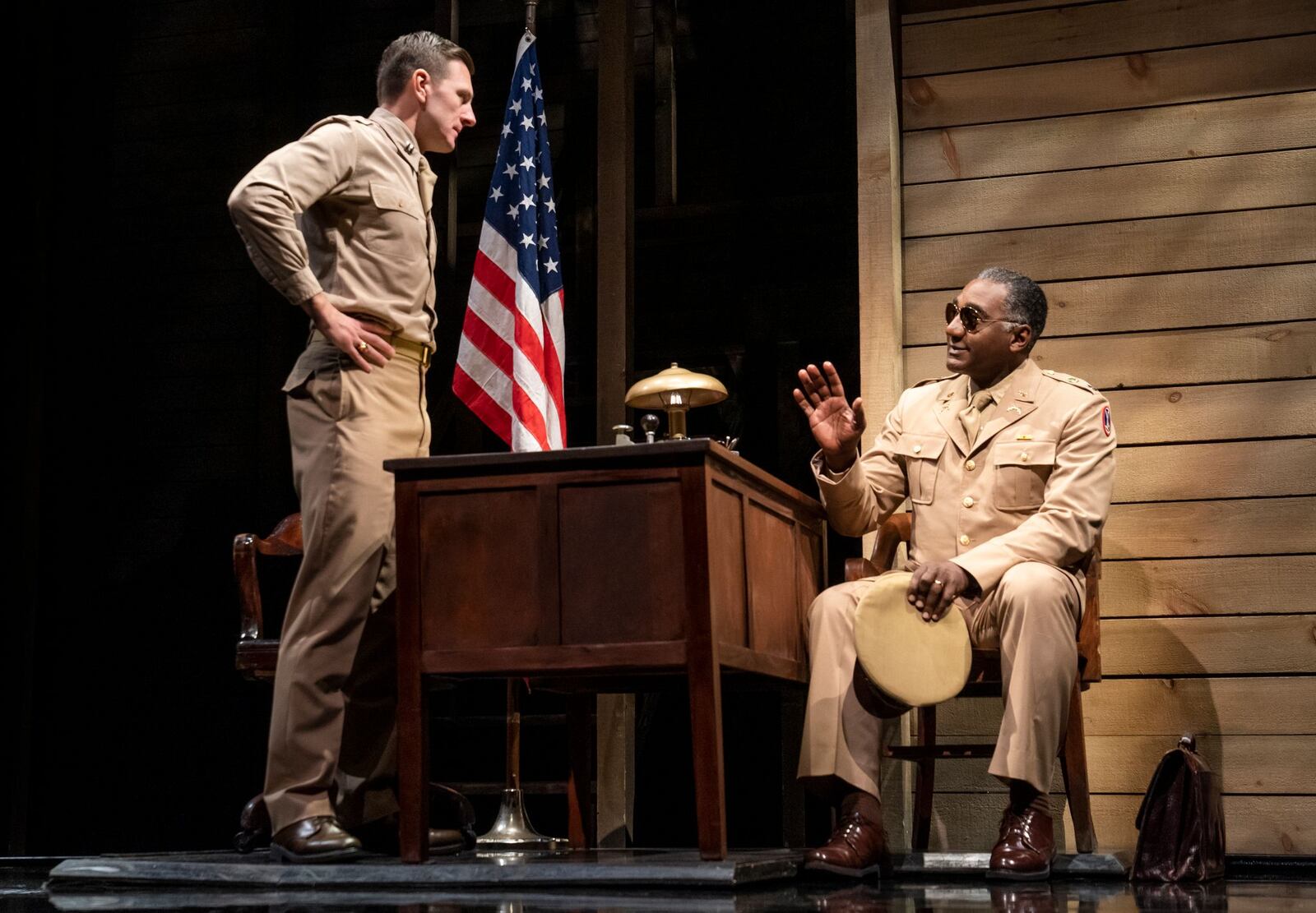 William Connell, left as Captain Charles Taylor, and Norm Lewis as Captain Richard Davenport, in the national tour of "A Soldier's Play."