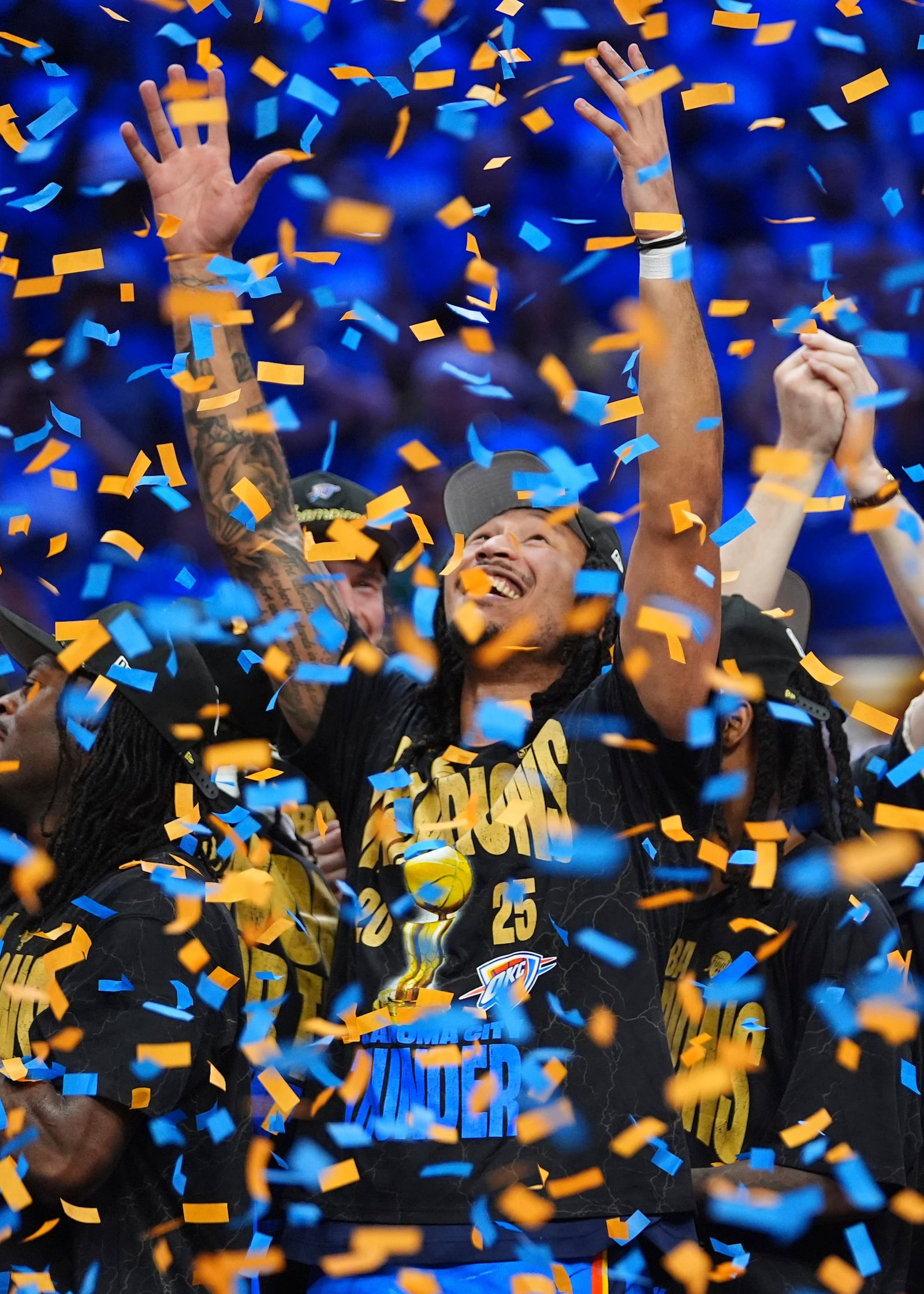 Oklahoma City Thunder forward Jalen Williams celebrates after they won the NBA basketball championship with a Game 7 victory against the Indiana Pacers Sunday, June 22, 2025, in Oklahoma City. (AP Photo/Julio Cortez)