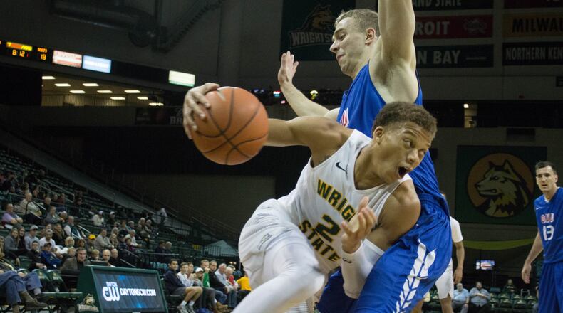 Wright State’s Everett Winchester drives around an Ohio Valley defender during Tuesday night’s game at the Nutter Center. Allison Rodriguez/CONTRIBUTED