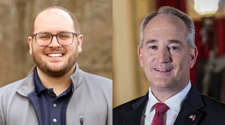 The candidates for Ohio Auditor of State in the November 2022 election are Taylor Sappington (left) and incumbent Keith Faber (right).