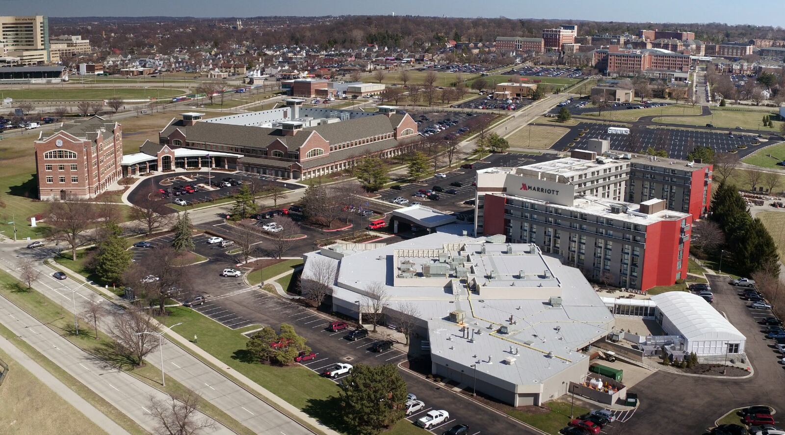 The GE Episcenter, Emerson Helix Innovation Center and the Dayton Marriott are located on University of Dayton land that stretches from the UD Campus to the Great Miami River.   TY GREENLEES / STAFF