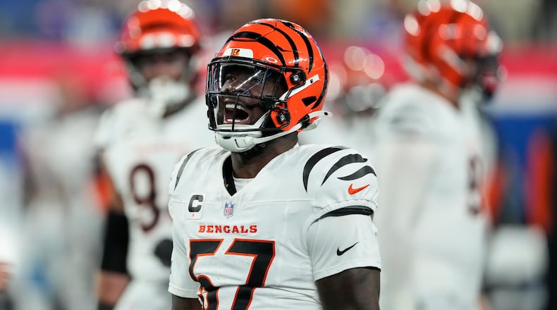 Cincinnati Bengals linebacker Germaine Pratt (57) celebrates a tackle during the second half of an NFL football game against the New York Giants, Sunday, Oct. 13, 2024, in East Rutherford, N.J. (AP Photo/Seth Wenig)