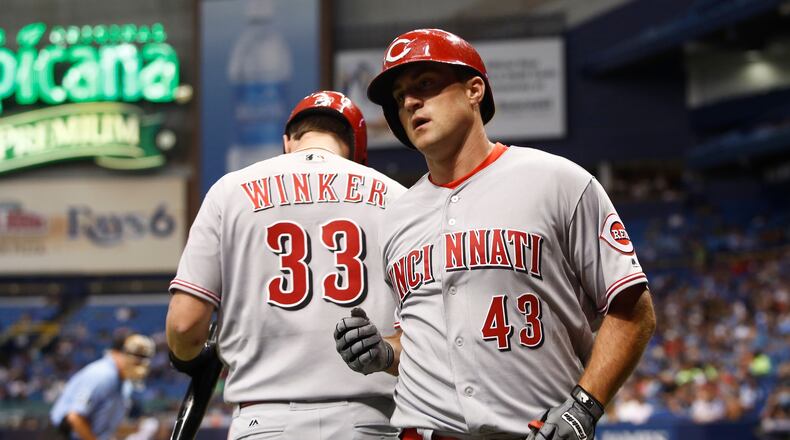 ST. PETERSBURG, FL - JUNE 19: Scott Schebler #43 of the Cincinnati Reds celebrates with teammate Jesse Winker #33 after hitting a home run off of pitcher Jake Odorizzi of the Tampa Bay Rays during the fifth inning of a game on June 19, 2017 at Tropicana Field in St. Petersburg, Florida. (Photo by Brian Blanco/Getty Images)