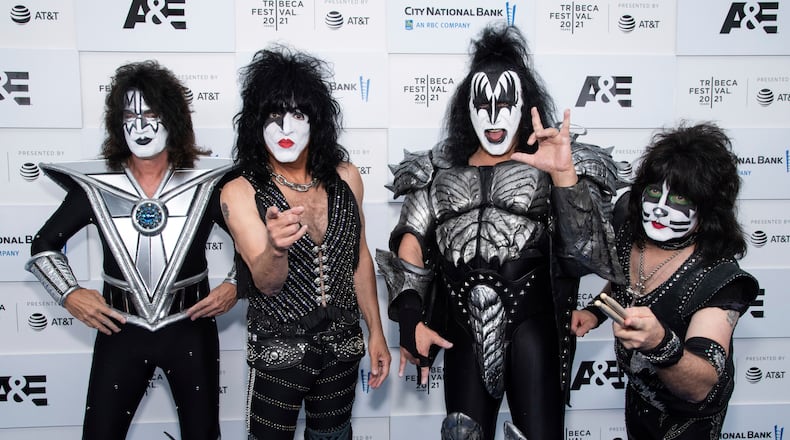 Members of the band Kiss, from left, Tommy Thayer, Paul Stanley, Gene Simmons and Eric Singer attend the premiere of A&E Network's "Biography: KISStory" during the 20th Tribeca Festival at Battery Park on Friday, June 11, 2021, in New York. (Photo by Charles Sykes/Invision/AP)