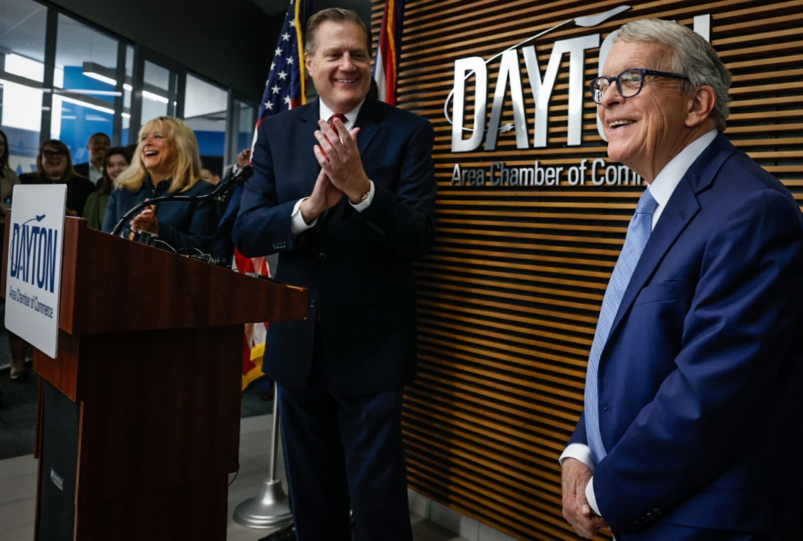 Ohio Governor Mike DeWine, right along with Congressmen Mike Turner announced Monday at the Dayton Chamber of Commerce offices that NATO will hold its spring parliamentary assembly in Dayton in May 2025. JIM NOELKER/STAFF