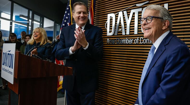 Ohio Governor Mike DeWine, right along with Congressmen Mike Turner announced Monday at the Dayton Chamber of Commerce offices that NATO will hold its spring parliamentary assembly in Dayton in May 2025. JIM NOELKER/STAFF