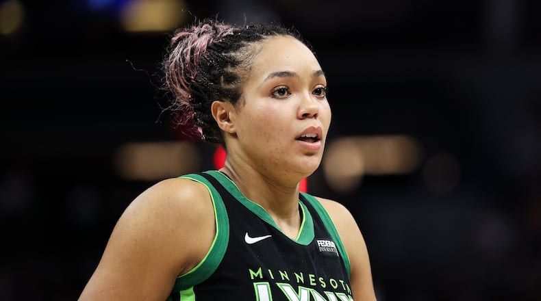 FILE - Minnesota Lynx forward Napheesa Collier (24) looks on during the first half of Game 2 of a WNBA basketball playoff semifinals series against the Phoenix Mercury Sept. 23, 2025, in Minneapolis. (AP Photo/Matt Krohn, File)