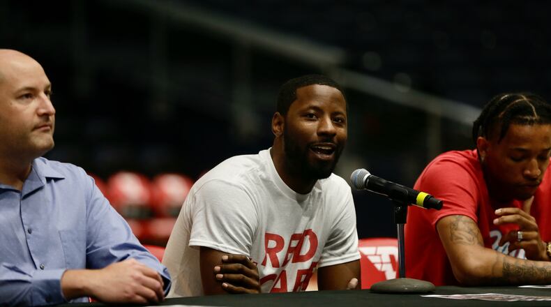 The Red Scare's Scoochie Smith talks at a press conference for The Basketball Tournament on Wednesday, June 22, 2022, at UD Arena in Dayton. David Jablonski/Staff