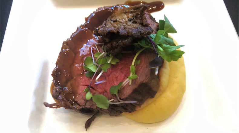 Grilled Beef Tenderloin with Port Wine Demi-Glace, Oven-Roasted Oyster Mushrooms and Butternut Squash Mashed Potatoes, served by Scott Pobuda, executive chef of the University of Dayton, at the March of Dimes Signature Chef Event on Oct. 7, 2019. The dish won both the Judges’ Award and the People’s Choice Award.