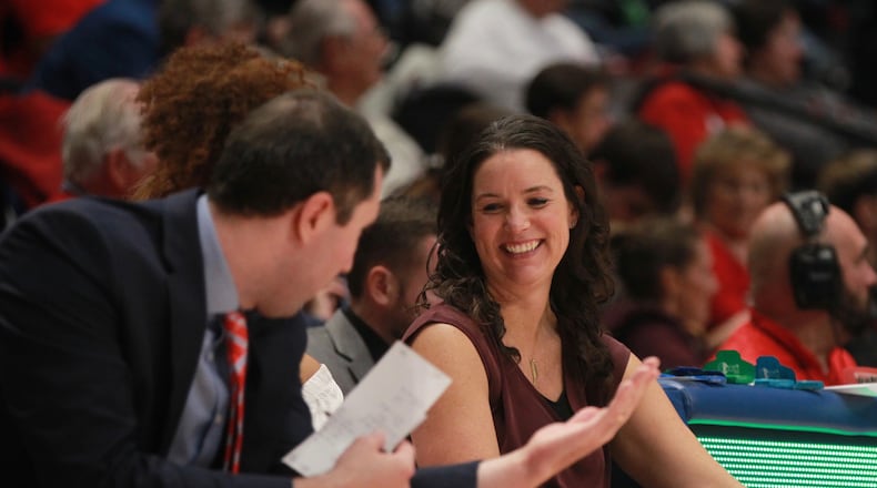Dayton’s Shauna Green smiles during a game against Lipscomb on Tuesday, Nov. 5, 2019, at UD Arena. David Jablonski/Staff