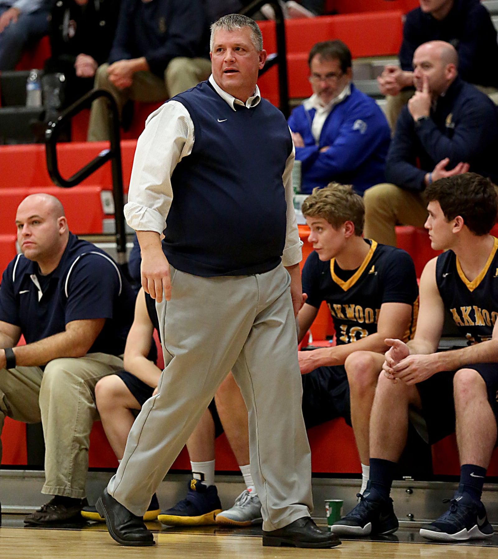 Oakwood coach Paul Stone paces in front of his bench during their game against host Franklin at Darrell Hedric Gymnasium on Tuesday night. CONTRIBUTED PHOTO BY E.L. HUBBARD