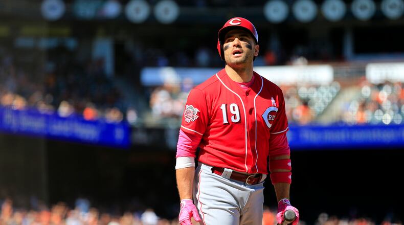 SAN FRANCISCO, CALIFORNIA - MAY 12: Joey Votto #19 of the Cincinnati Reds reacts to striking out during the ninth inning against the San Francisco Giants at Oracle Park on May 12, 2019 in San Francisco, California. (Photo by Daniel Shirey/Getty Images)