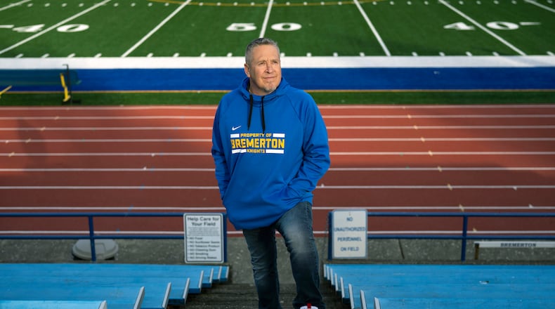 FILE — Joseph Kennedy, the football coach, at Bremerton High School in Bremberton, Wash., on Feb. 7, 2022. The Supreme Court ruled on Monday, June 27, 2022, that Kennedy has a constitutional right to pray at the 50-yard line after his team’s games. (Ruth Fremson/The New York Times)