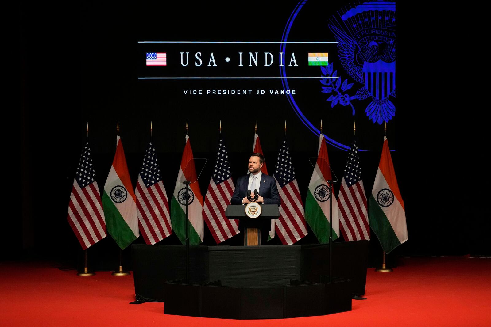 U.S. Vice President JD Vance speaks at the Rajasthan International Center in Jaipur, India, Tuesday, April 22, 2025. (AP Photo/Manish Swarup)