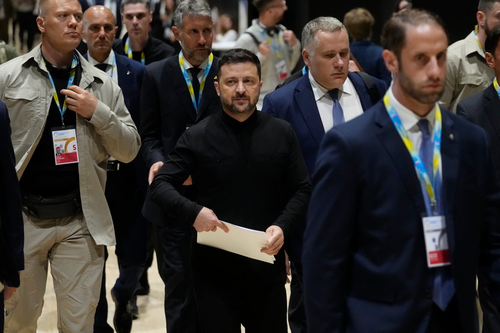 Ukraine's President Volodymyr Zelenskyy arrives ahead a news conference during the Ukraine Recovery Conference at La Nuvola convention center in Rome, Thursday, July 10, 2025. (AP Photo/Gregorio Borgia)