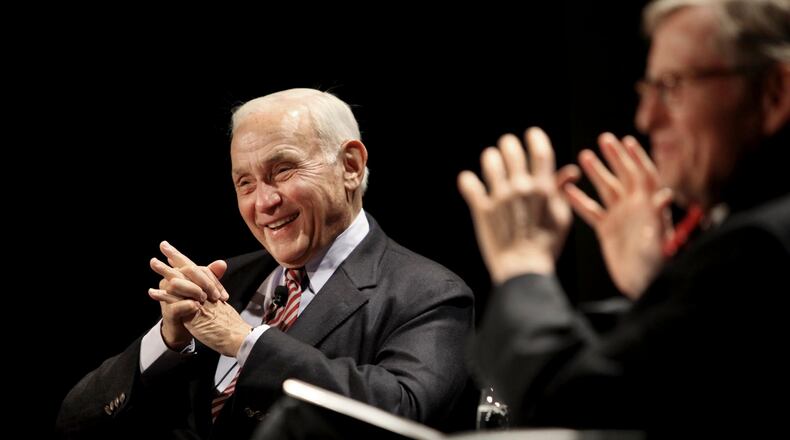 FILE-In this Wednesday, Feb. 16, 2011 file photo shows Limited Brands Inc. chief executive Leslie H. Wexner, left, and Ohio State president E. Gordon Gee talk before an audience at the Ohio Union in Columbus, Ohio. (AP Photo/The Columbus Dispatch, Fred Squillante, File)